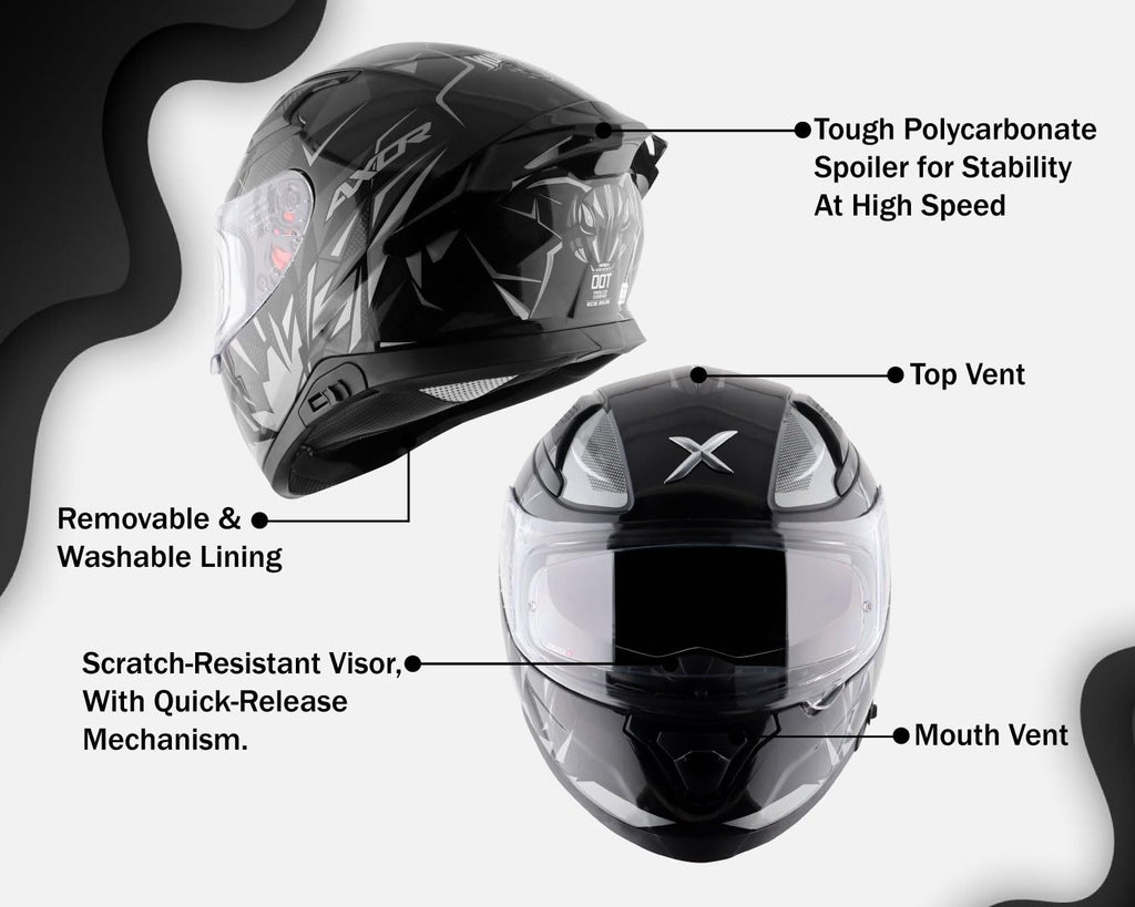 Axor Apex Hunter ISI ECE DOT Certified Full Face Dual Visor Helmet for Men and Women with Pinlock Fitted Outer Clear Visor and Inner Smoke Sun Visor Black Grey Helmet-L