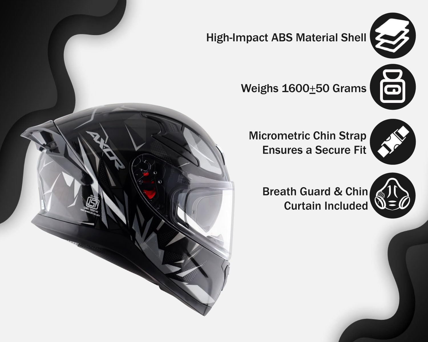 Axor Apex Hunter ISI ECE DOT Certified Full Face Dual Visor Helmet for Men and Women with Pinlock Fitted Outer Clear Visor and Inner Smoke Sun Visor Black Grey Helmet-L