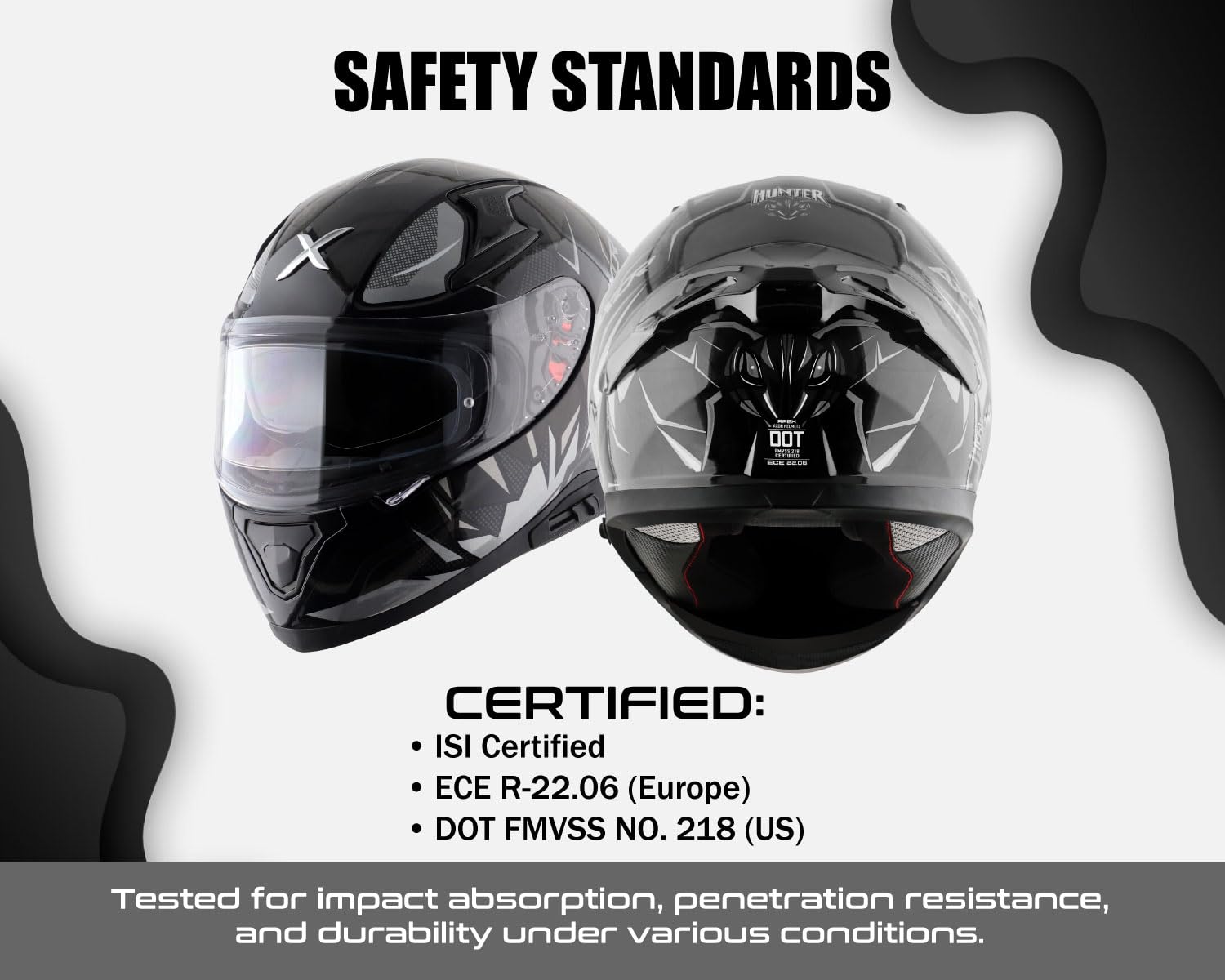 Axor Apex Hunter ISI ECE DOT Certified Full Face Dual Visor Helmet for Men and Women with Pinlock Fitted Outer Clear Visor and Inner Smoke Sun Visor Black Grey Helmet-L