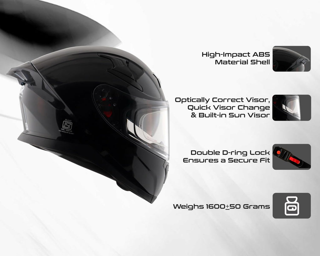 Axor Apex Solid ISI ECE DOT Certified Glossy Black Full Face Dual Visor Helmet for Men and Women with Pinlock Fitted Outer Clear Visor and Inner Smoke Sun Visor Black(M)