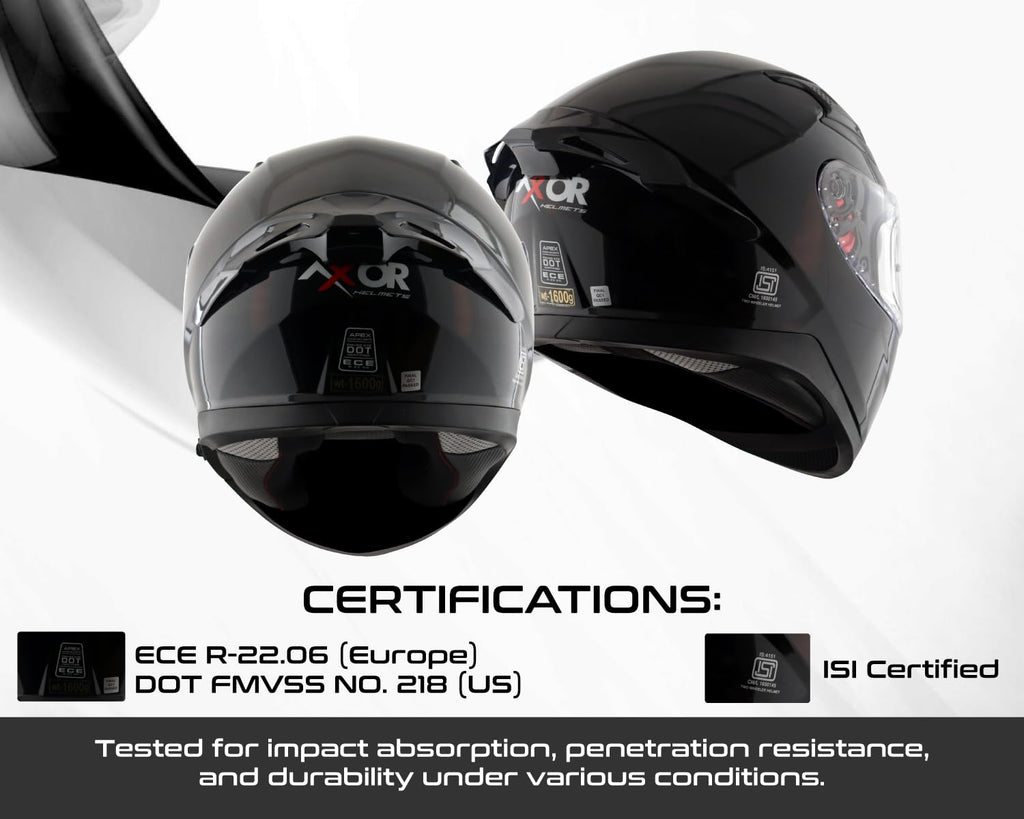 Axor Apex Solid ISI ECE DOT Certified Glossy Black Full Face Dual Visor Helmet for Men and Women with Pinlock Fitted Outer Clear Visor and Inner Smoke Sun Visor Black(M)